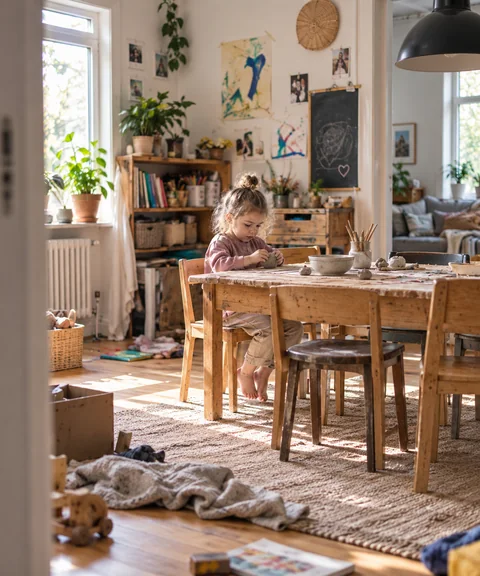 Ett barn sitter vid ett bord och formar en bit lera med händerna.