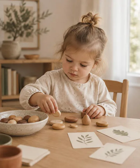 Ett litet barn sitter ensamt vid ett bord och utforskar naturliga material.